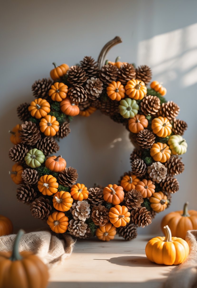 A circular autumn wreath made of mini pinecones and small pumpkins arranged on a pumpkin-shaped base.