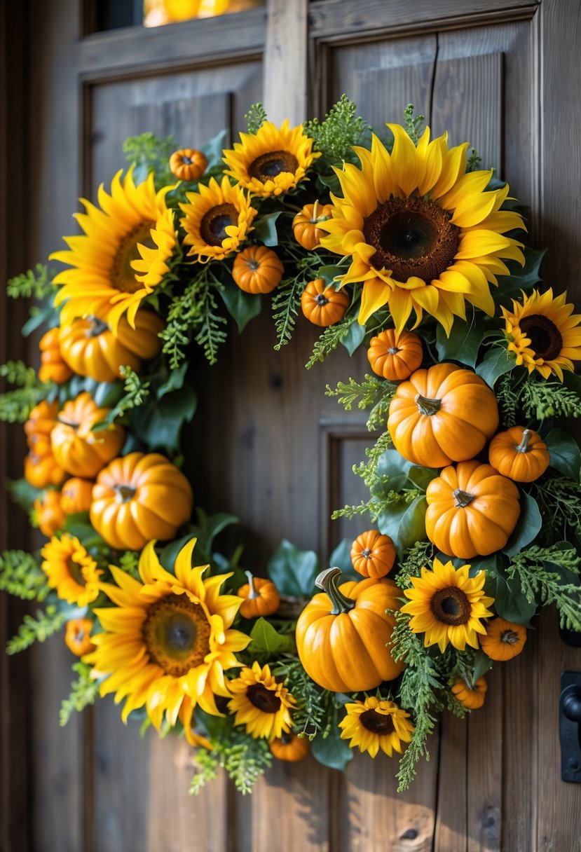 A colorful autumn wreath made of sunflowers, small pumpkins, and green leaves hanging on a wooden door.