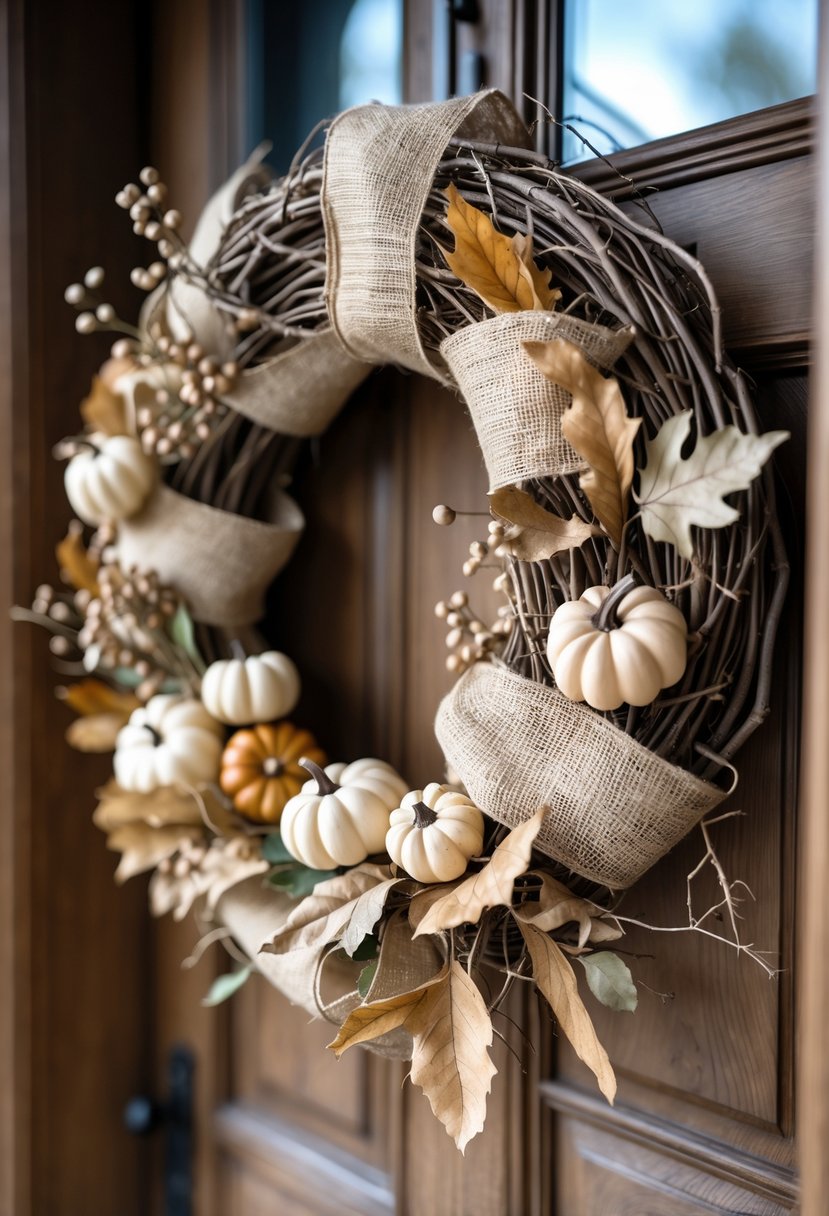 A rustic wreath made of twigs, burlap ribbons, dried leaves, and small pumpkins hanging on a wooden door.