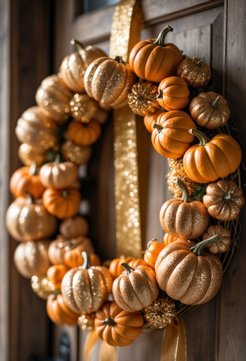 A decorative autumn wreath made of glittered pumpkins and a gold ribbon hanging on a wooden surface.