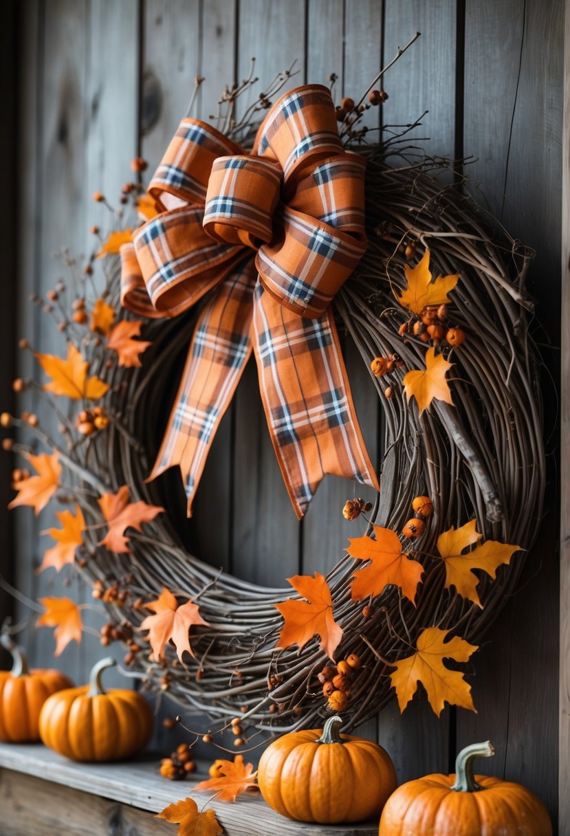 A natural twig wreath decorated with a plaid bow and small pumpkins on a wooden surface.