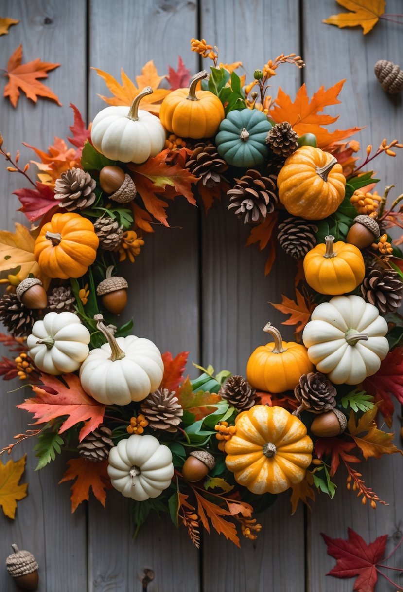 A fall wreath made of pumpkins, colorful leaves, and acorns displayed on a wooden surface.