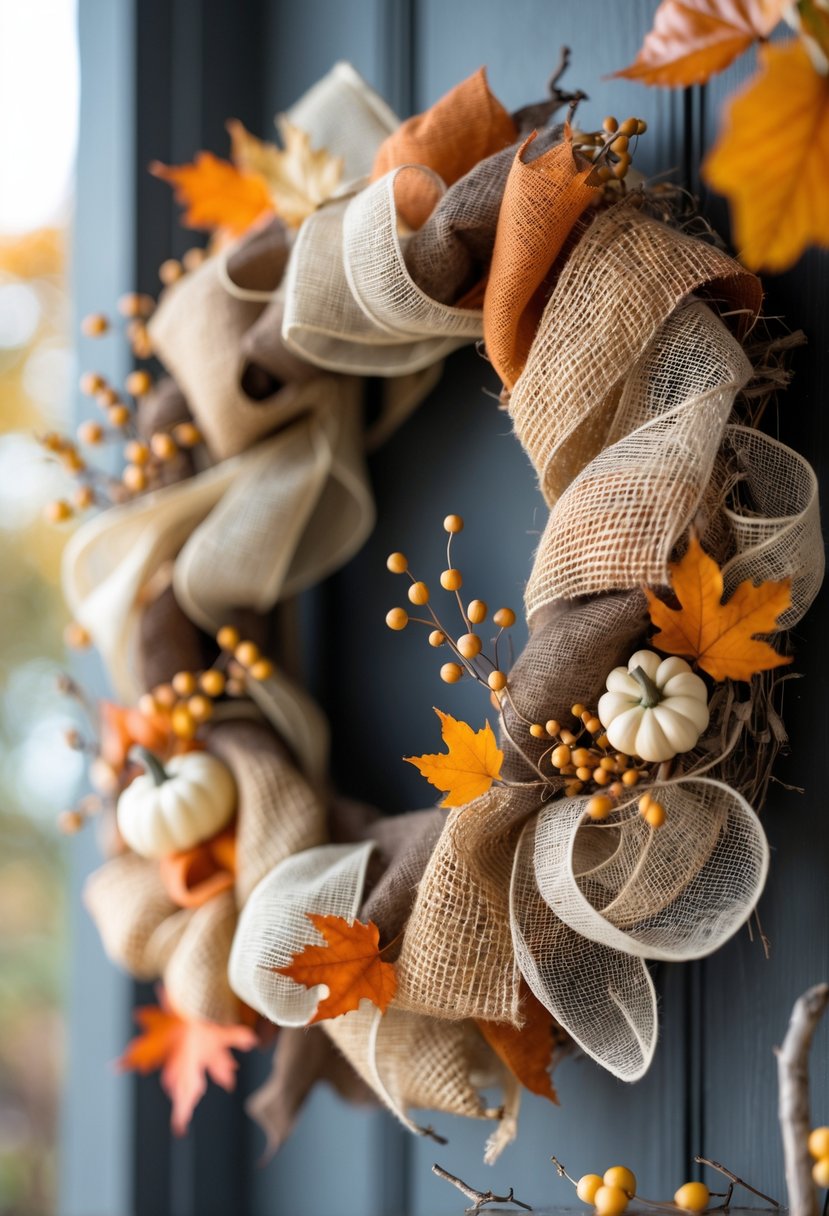 A circular wreath made of burlap and mesh ribbons decorated with small pumpkins, fall leaves, and twigs.