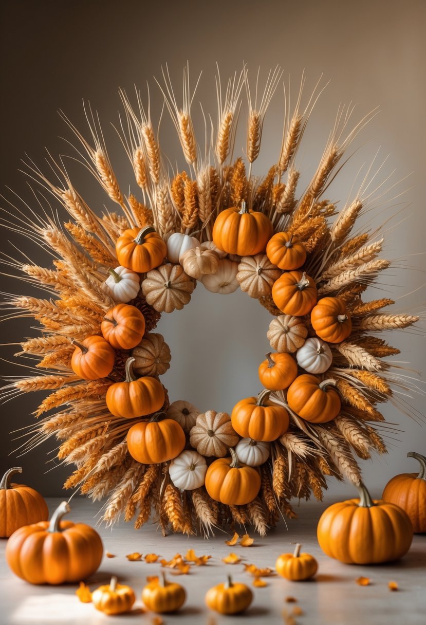 A circular wreath made of dried wheat stalks and small orange pumpkins arranged together.