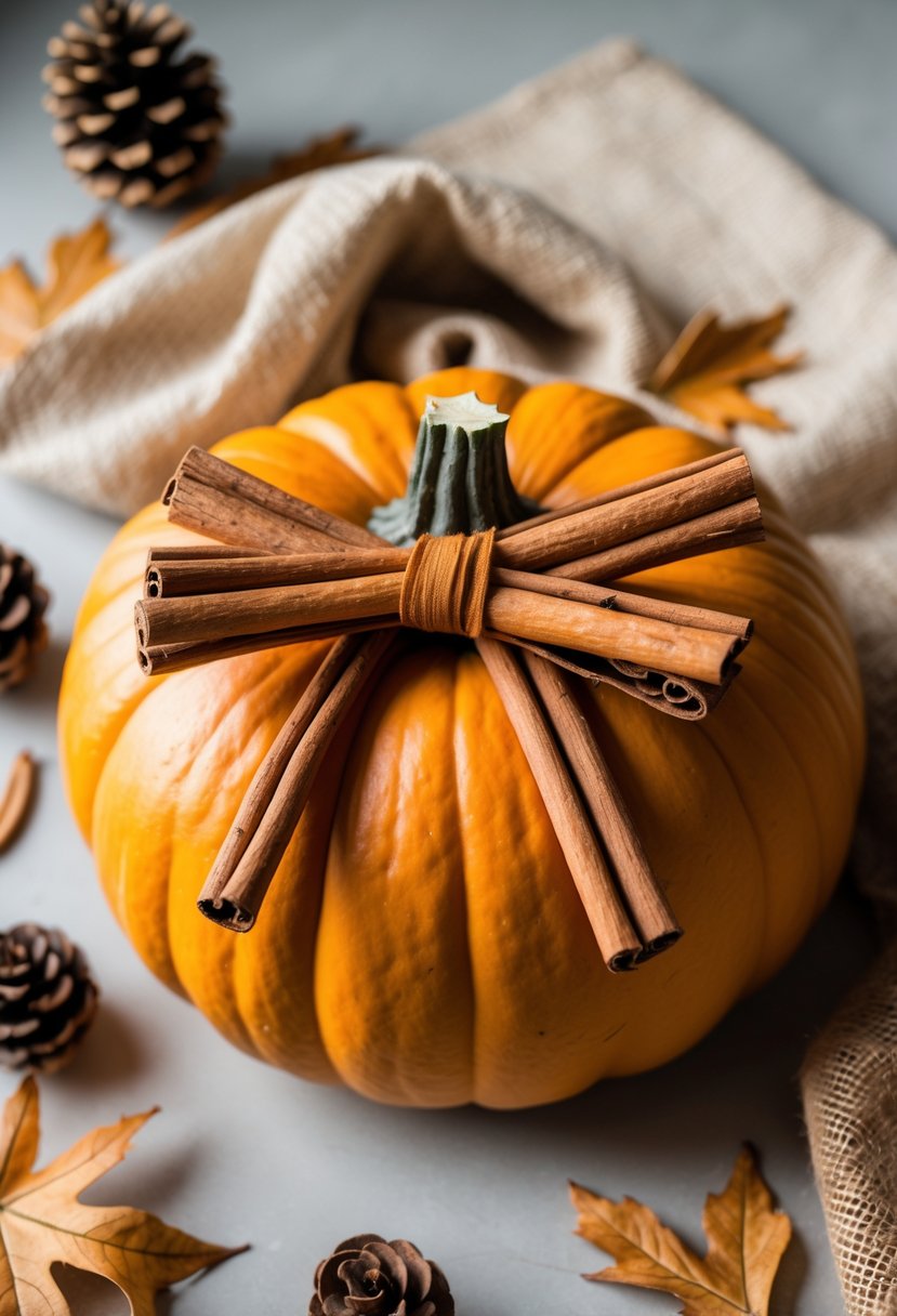 An orange pumpkin decorated with a bow made of cinnamon sticks, surrounded by autumn leaves and pine cones.