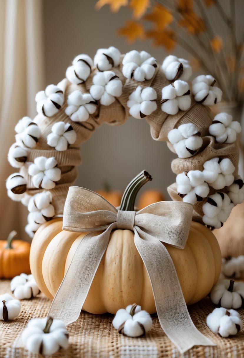 A neutral-toned autumn wreath made of ribbon and faux cotton arranged on a pumpkin-shaped wreath base.