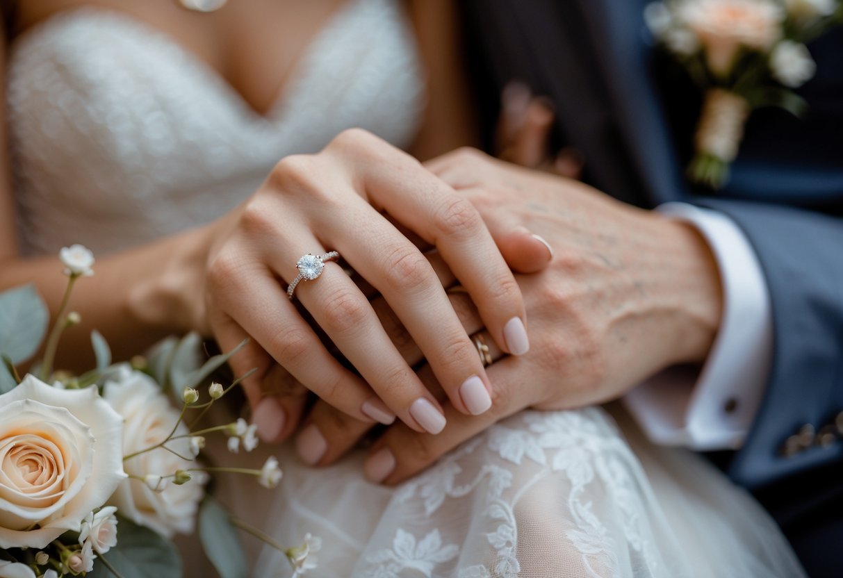Close-up of a couple's hands showing wedding rings during a small outdoor wedding.