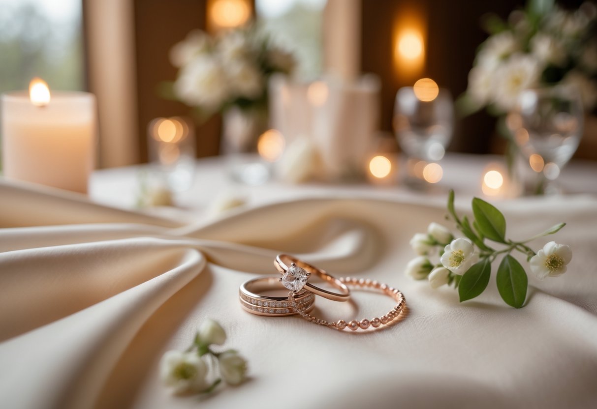 Close-up of wedding rings and a bracelet on fabric with a small decorated wedding table blurred in the background.