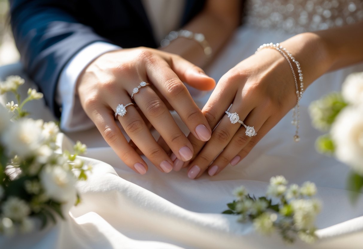 Close-up of a couple's hands showing wedding rings and bracelets during a small wedding ceremony.