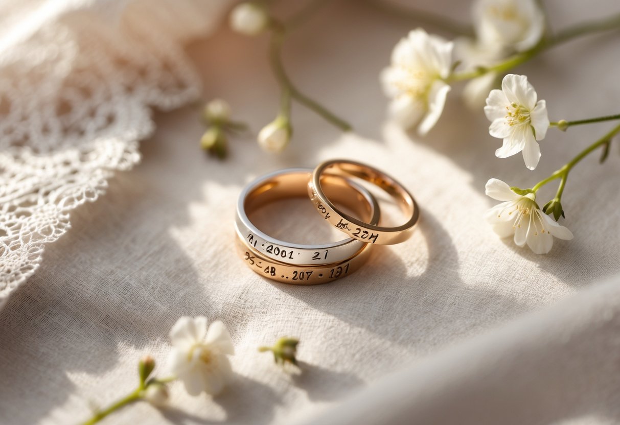 Close-up of personalized rings and delicate jewelry arranged with small white flowers on a soft fabric background.