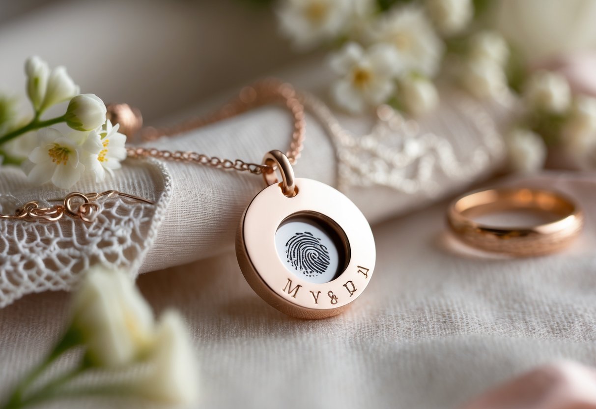 Close-up of a delicate memorial jewelry piece displayed with small white flowers, lace ribbon, and blurred wedding rings in the background.