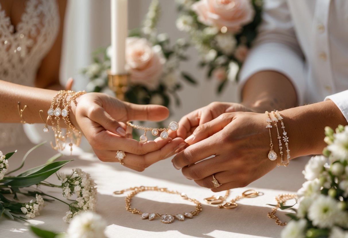 A close-up of a couple exchanging jewelry during a small wedding ceremony, with their hands gently touching and floral decorations in the background.
