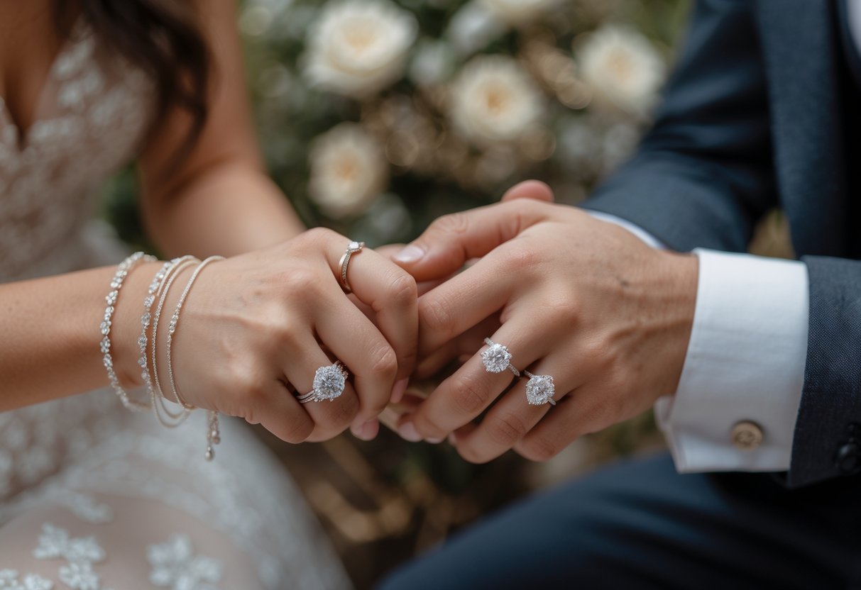 Close-up of a couple's hands with wedding rings and bracelets during a small outdoor wedding ceremony.