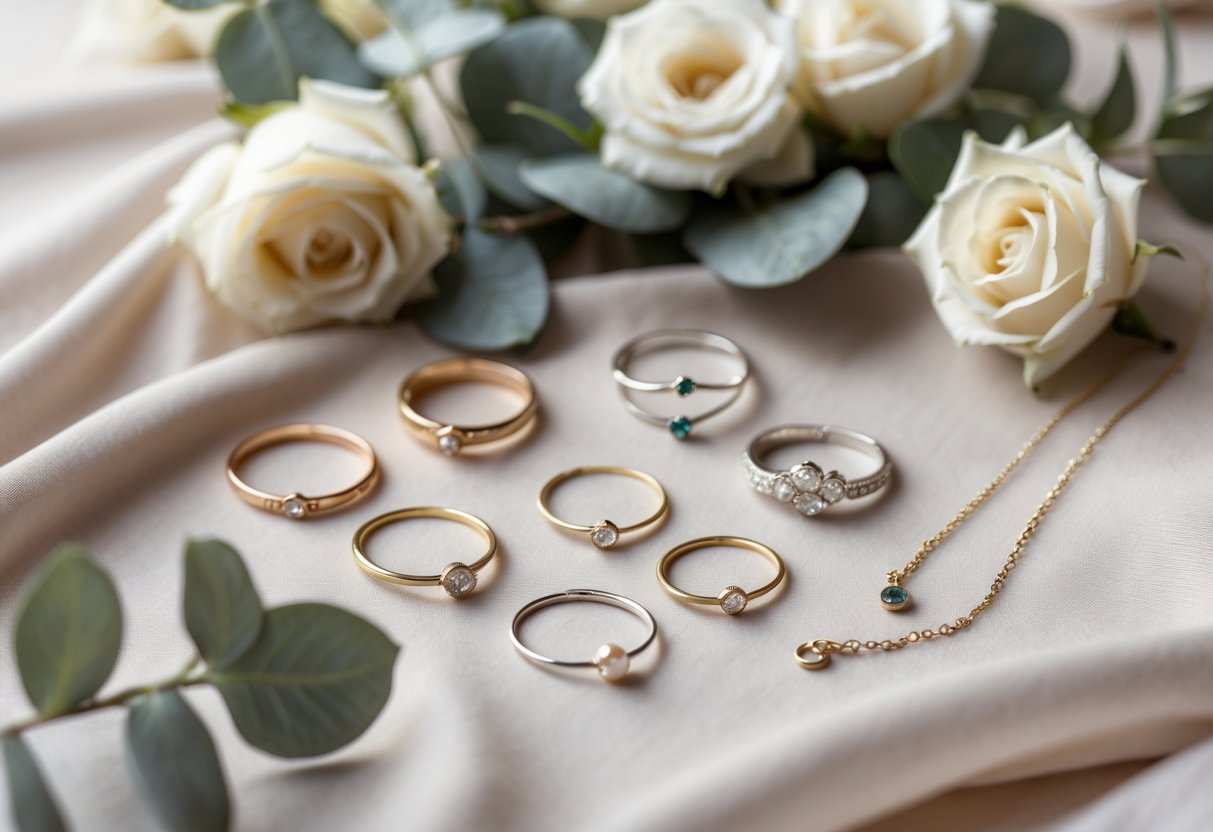 Close-up of delicate jewelry pieces arranged with flowers on soft fabric, suggesting intimate wedding favors.