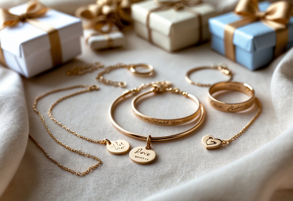 Close-up of elegant message jewelry pieces arranged on soft fabric with gift boxes and handwritten notes in the background.