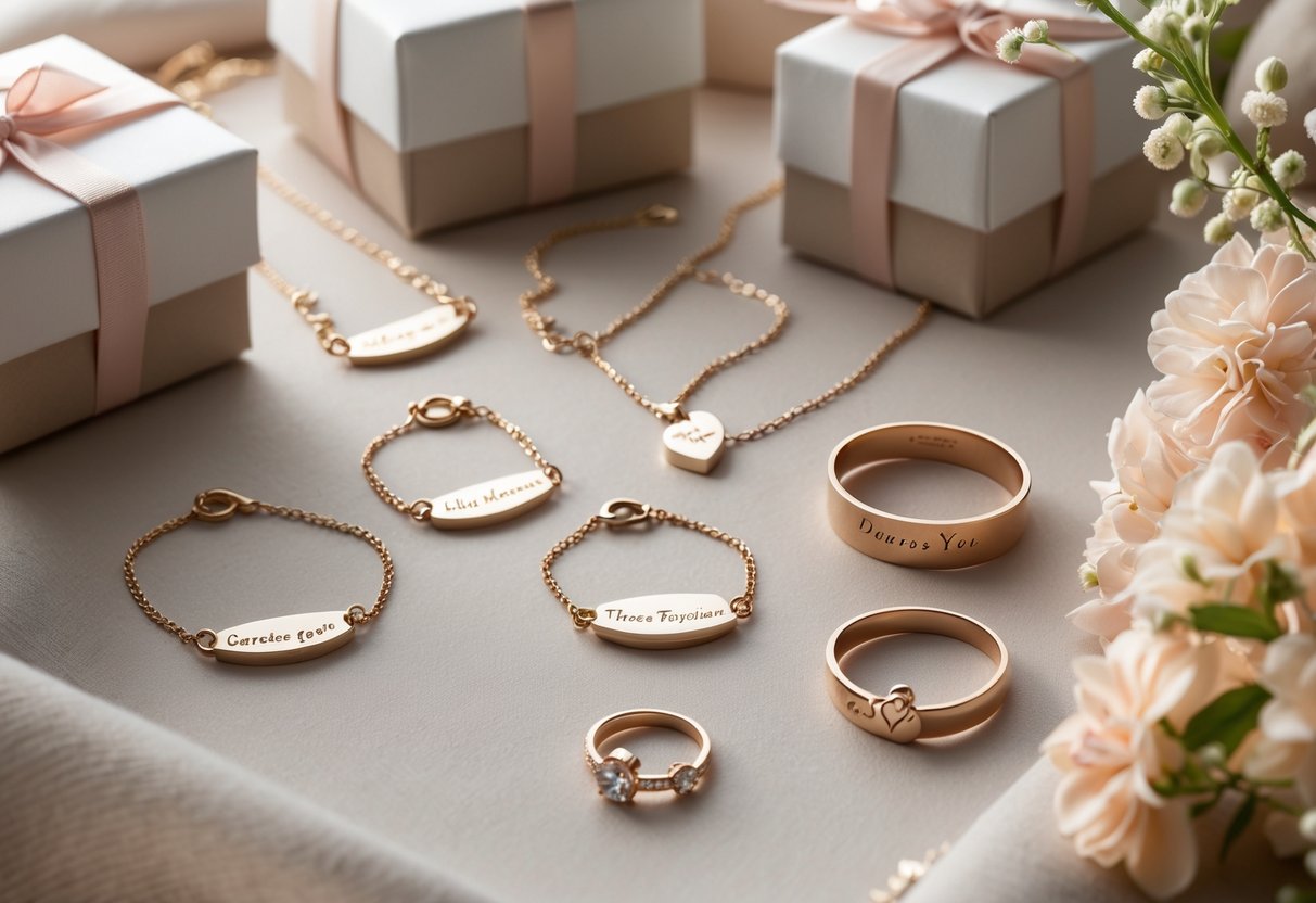 A close-up of various delicate jewelry pieces with engraved messages arranged with gift boxes and flowers.