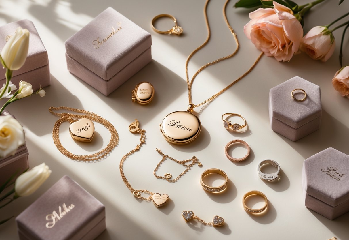 An assortment of engraved lockets, personalized necklaces, charm bracelets, and rings arranged on a soft background with flowers and jewelry boxes.