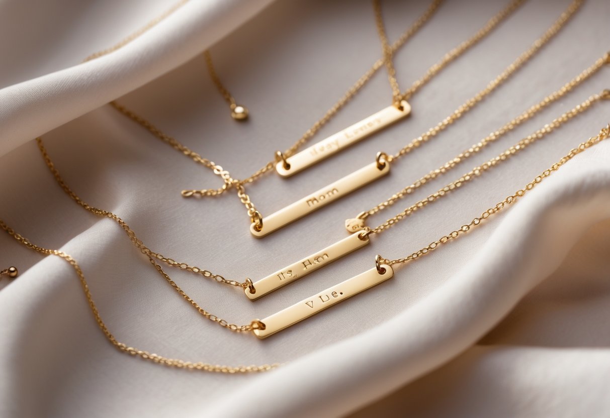 Close-up of several delicate message necklaces with engraved pendants arranged on soft fabric.