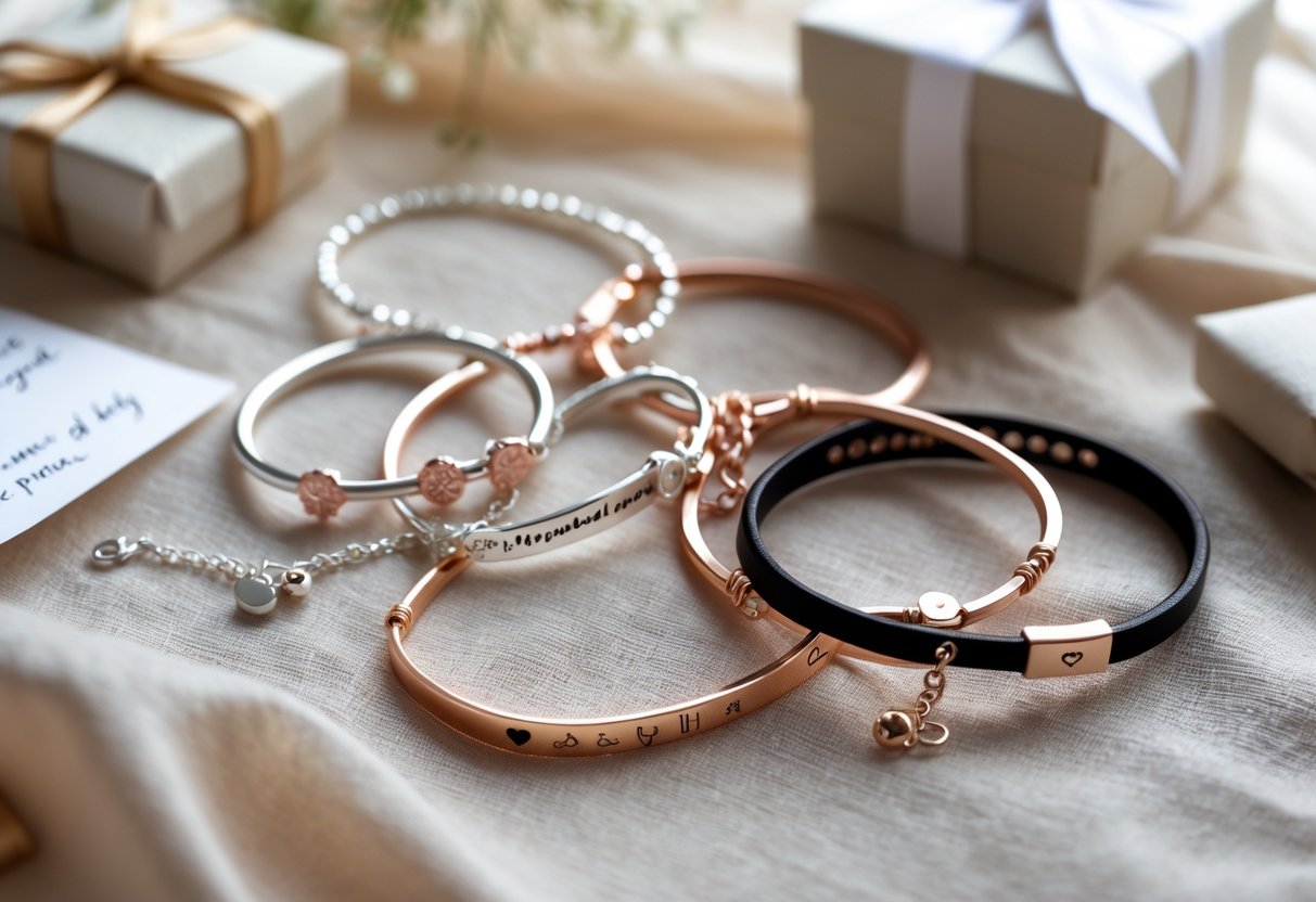 Close-up of several elegant bracelets arranged on soft fabric with small gift boxes and a handwritten note nearby.