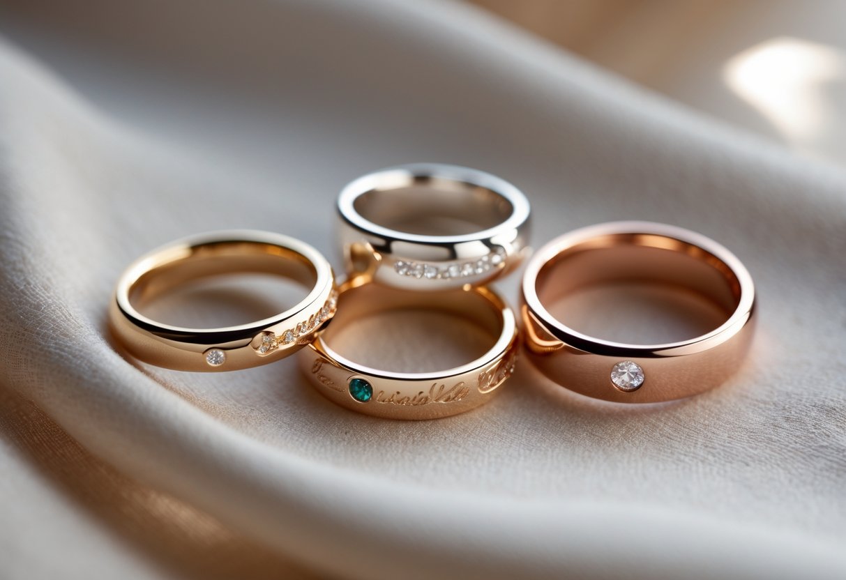 Close-up of three elegant rings with detailed engravings and gemstones placed on soft fabric.