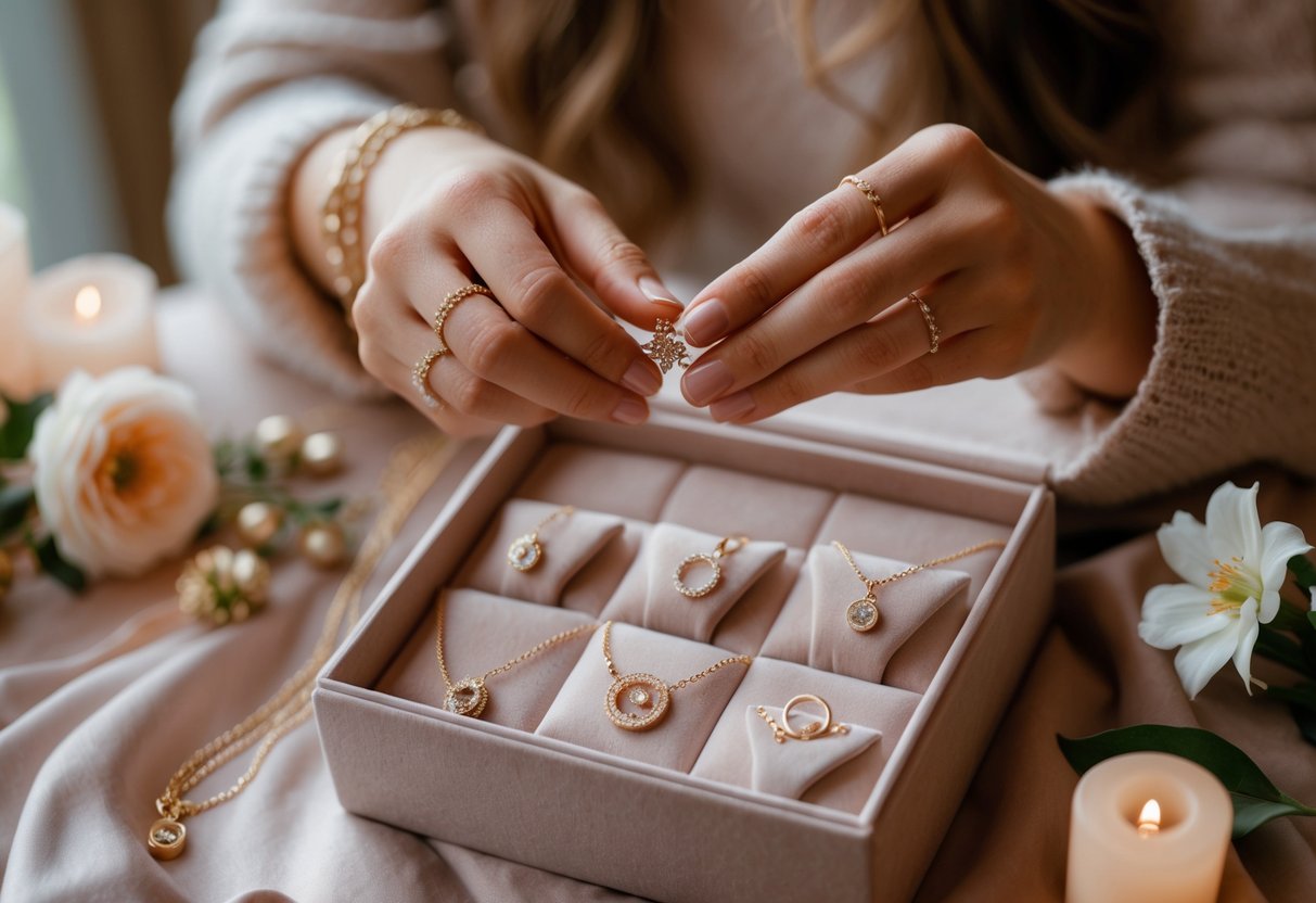 Person selecting a piece of jewelry from a gift box surrounded by flowers and soft lighting.
