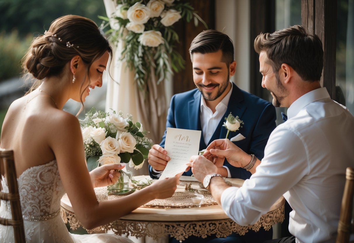 A small group of people at an outdoor wedding where a bride and groom exchange keepsakes, surrounded by flowers and rustic decorations.