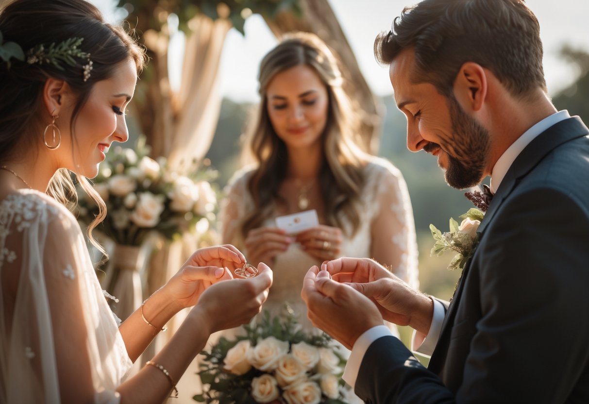 A small wedding ceremony with a couple exchanging vows surrounded by close family and friends in an outdoor setting.