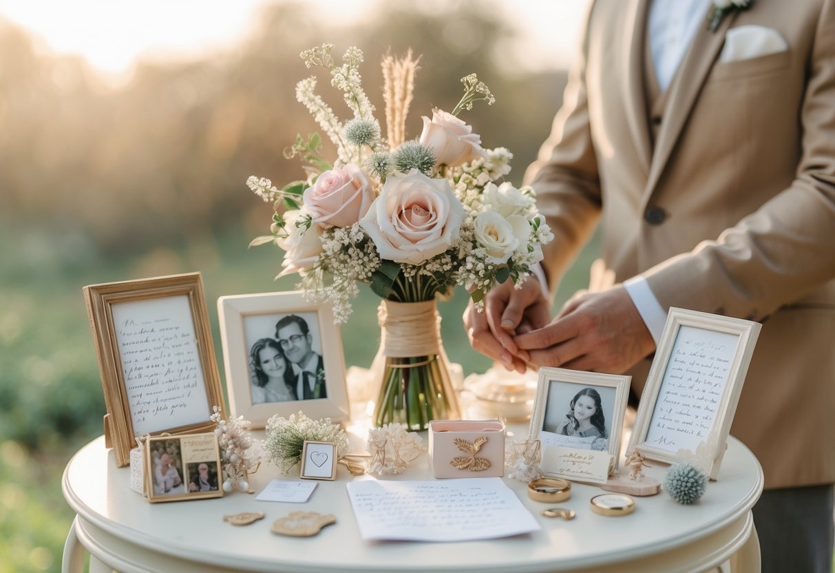 An intimate outdoor micro wedding scene with a small table displaying keepsakes like letters and photos, and a couple holding hands with warm expressions.