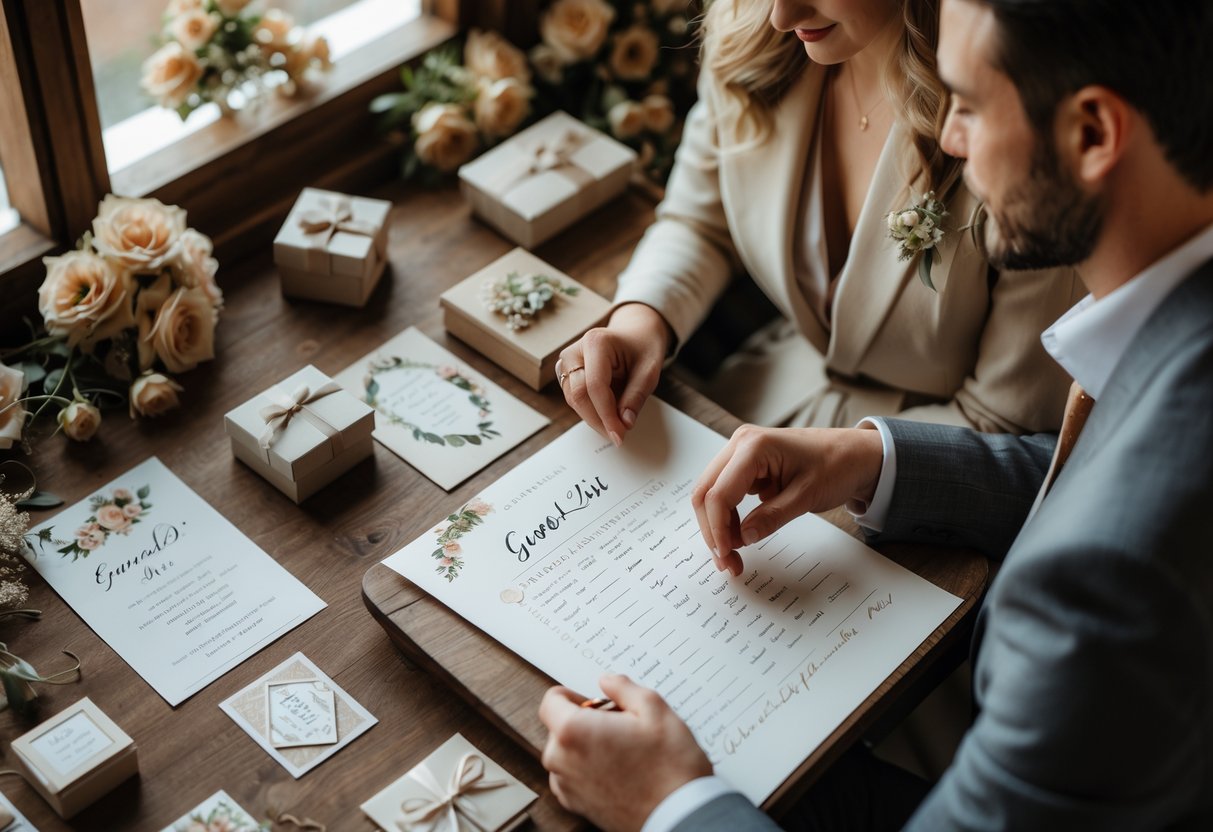 A couple reviewing a guest list at a small table surrounded by wedding keepsakes and photographs in a cozy, softly lit room.
