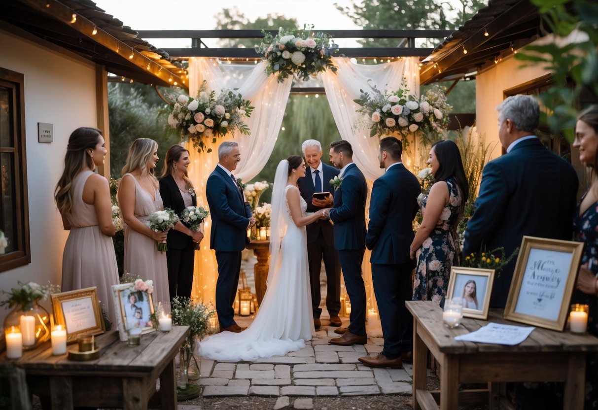 An intimate outdoor micro wedding with close family and friends gathered around a decorated altar, surrounded by flowers and keepsakes.