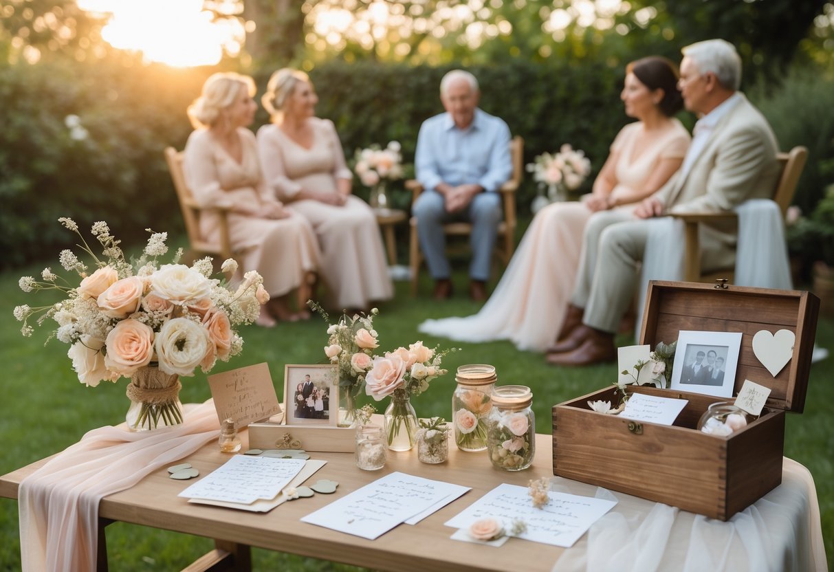 An intimate outdoor wedding setup with a small table displaying handwritten letters, vintage photos, and keepsakes surrounded by floral decorations and a few seated guests.