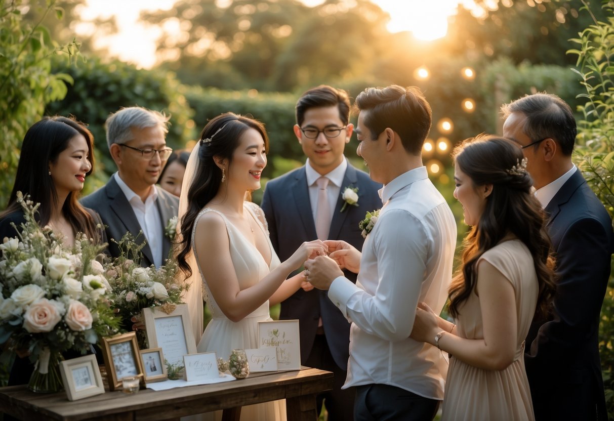 A small outdoor wedding ceremony with a couple holding hands surrounded by close family and friends, with floral decorations and keepsakes on a nearby table.