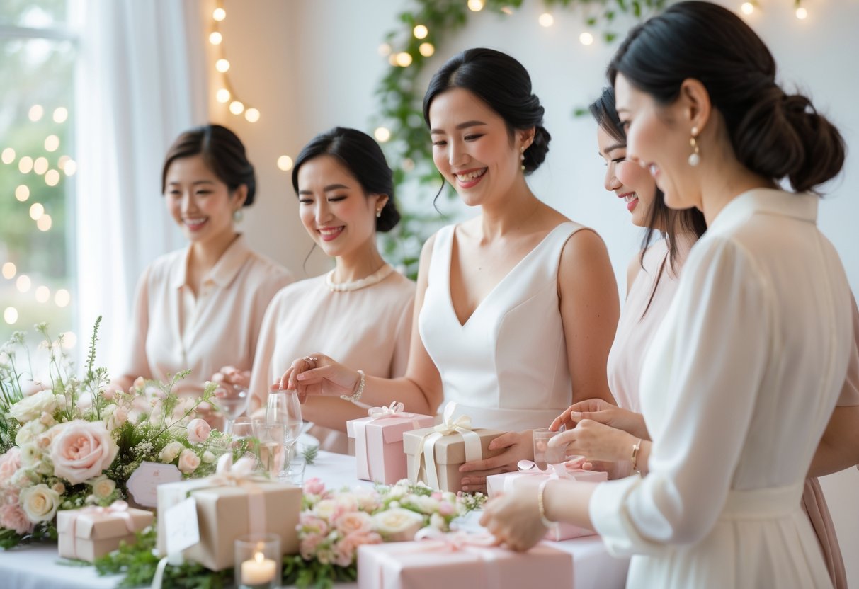 A bride exchanging small gifts with her closest friends and family at a warmly decorated, intimate wedding celebration.