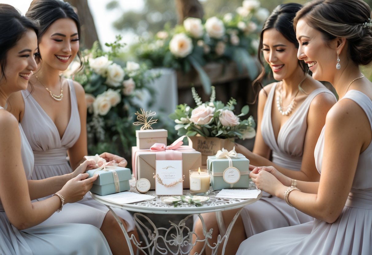 A small outdoor wedding table with wrapped gifts and keepsakes for bridesmaids, surrounded by smiling women in coordinated dresses.