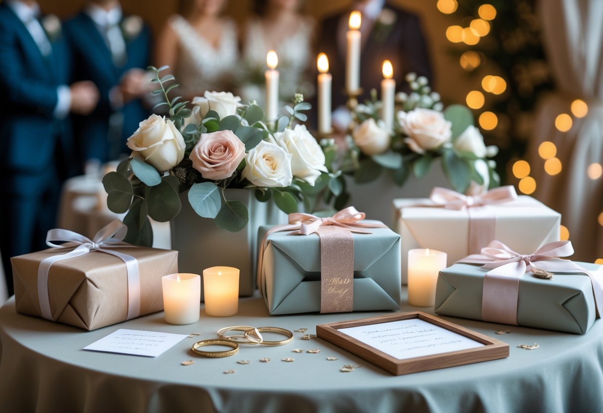 A table with unique wrapped gifts and personalized keepsakes surrounded by flowers and candles at an intimate wedding celebration.