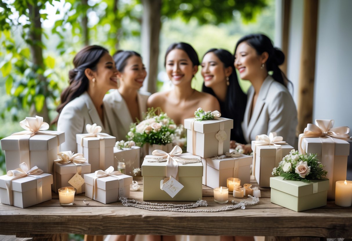 A table with elegant gift boxes, jewelry, flowers, and candles at a small wedding gathering with friends in the background.