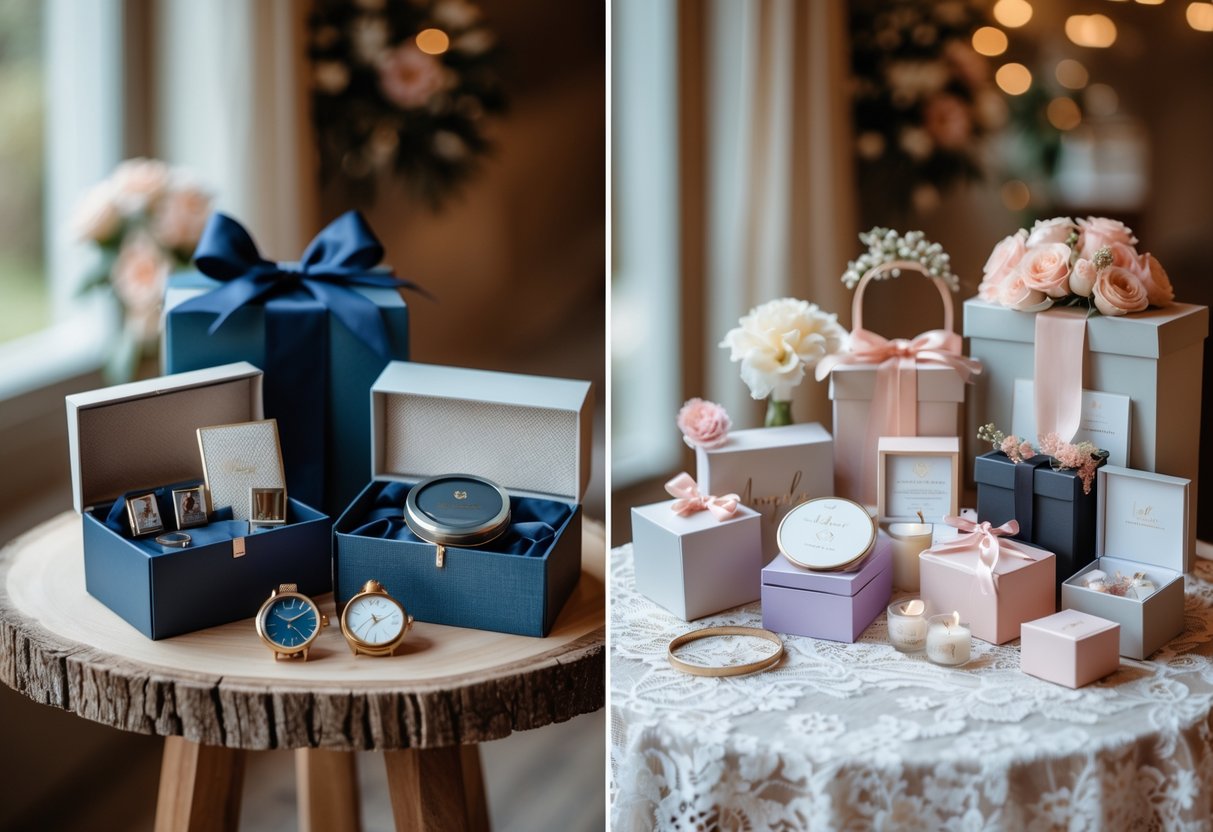 A display of thoughtful gift boxes and personalized items arranged for the groom’s and bride’s closest people at a small wedding, with masculine gifts on one side and feminine gifts on the other, set in a softly lit indoor space.