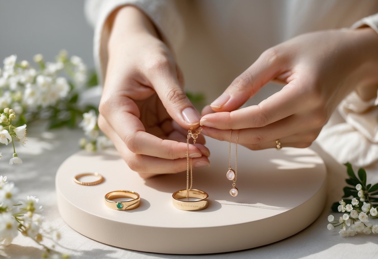 Close-up of hands holding delicate rings and pendants surrounded by small white flowers and greenery.