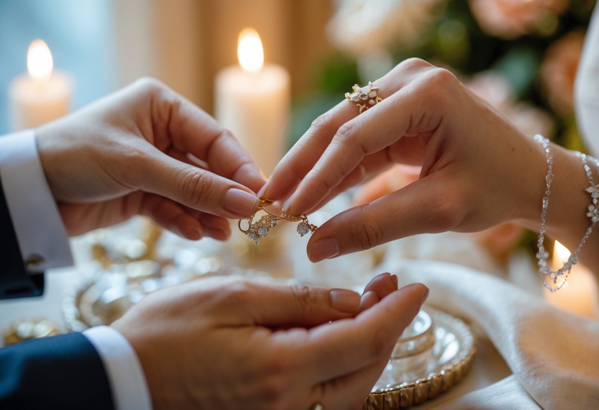 Close-up of hands exchanging delicate jewelry during a small, intimate ceremony with soft decorations in the background.