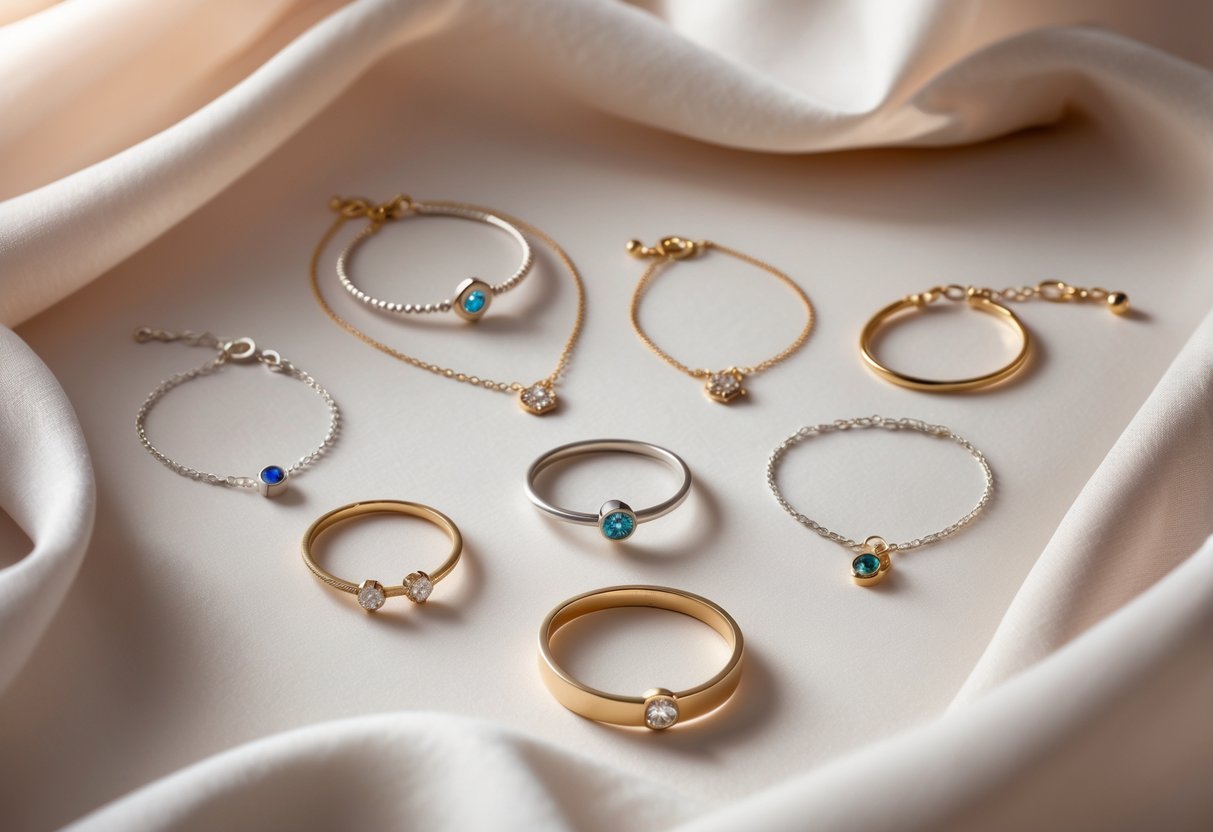 An arrangement of rings, bracelets, and necklaces on soft fabric, symbolizing meaningful life moments and small ceremonies.