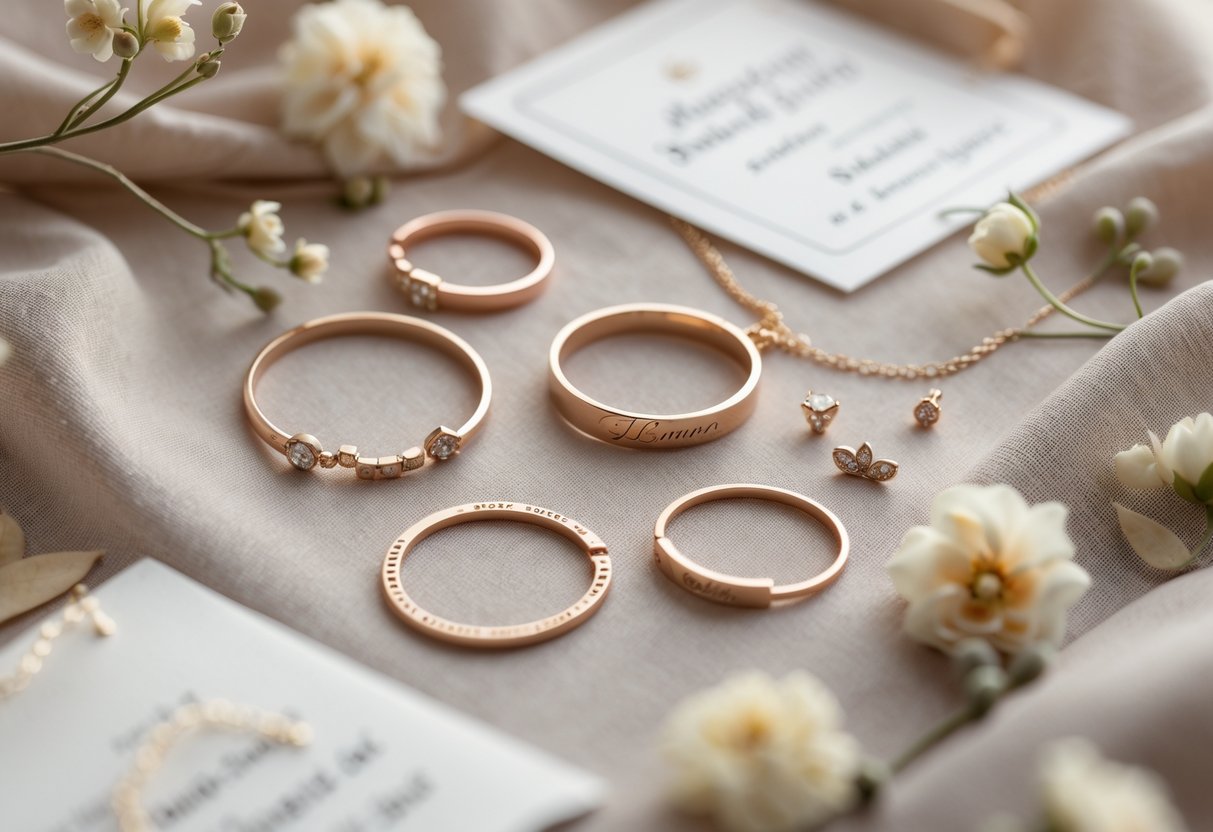 Close-up of personalized jewelry pieces displayed with small flowers and a handwritten note, evoking a special occasion.