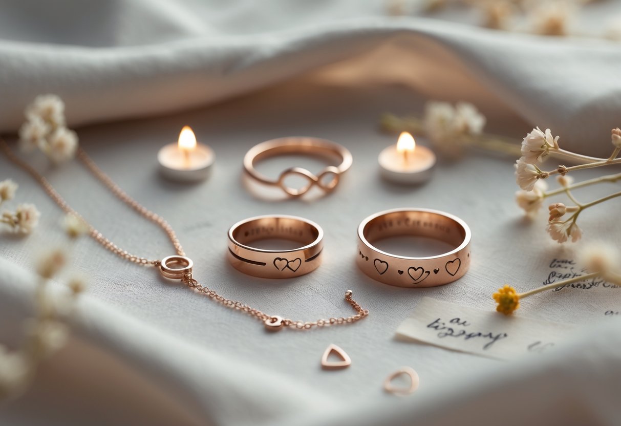 Close-up of delicate jewelry pieces arranged with small ceremonial items like dried flowers and candles on a soft fabric background.