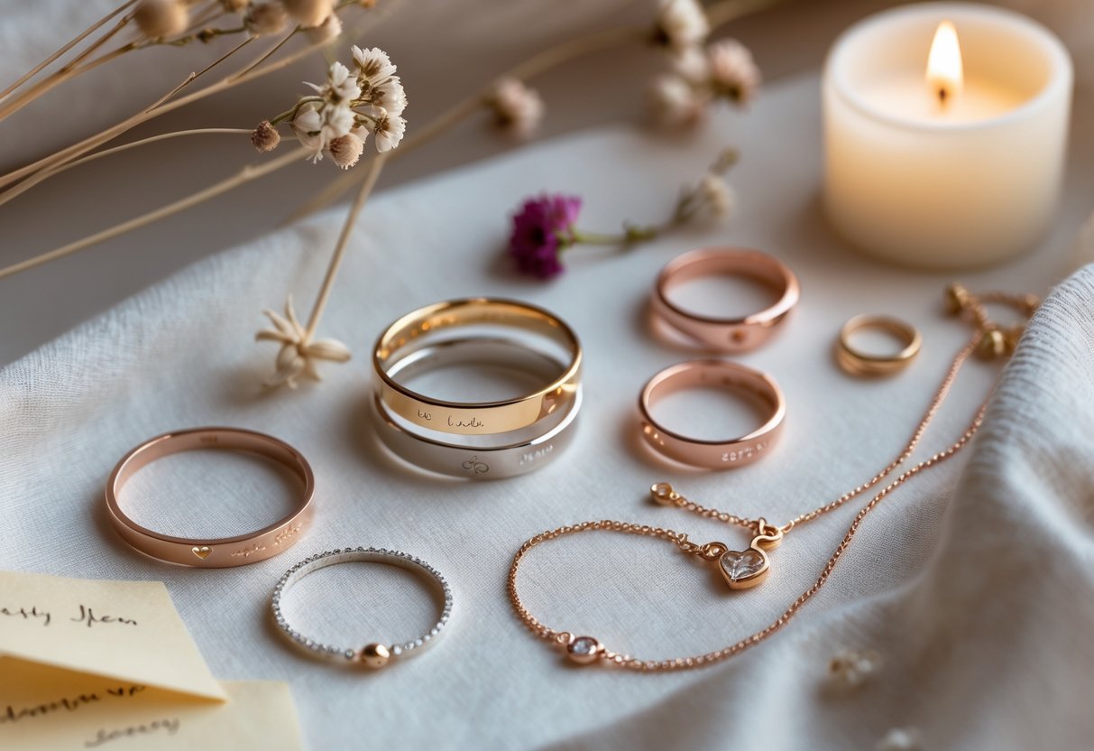 Close-up of delicate jewelry pieces arranged with dried flowers and a lit candle on a soft fabric background.
