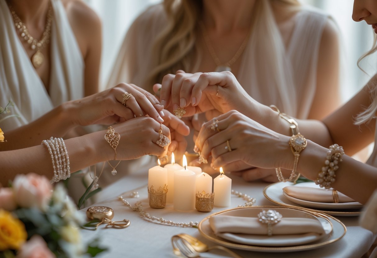 People wearing elegant jewelry celebrating small meaningful ceremonies together.