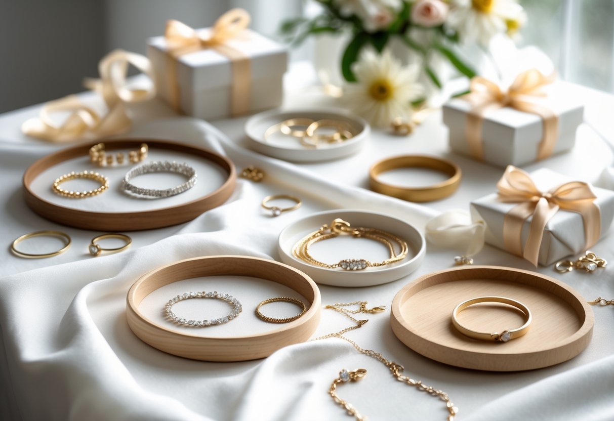A collection of delicate affordable jewelry pieces arranged on white fabric and wooden trays with gift boxes and flowers in the background.