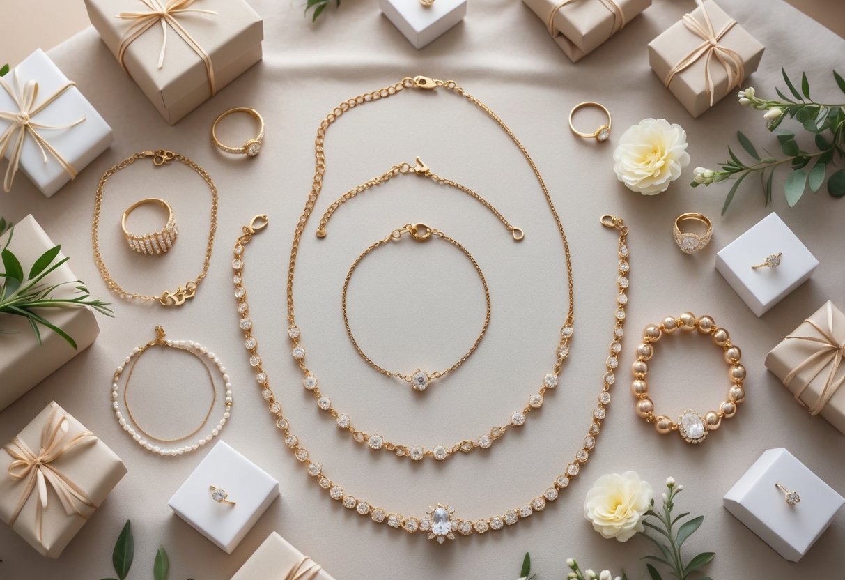 An arrangement of delicate jewelry pieces with small gift boxes and flowers on a soft fabric background.