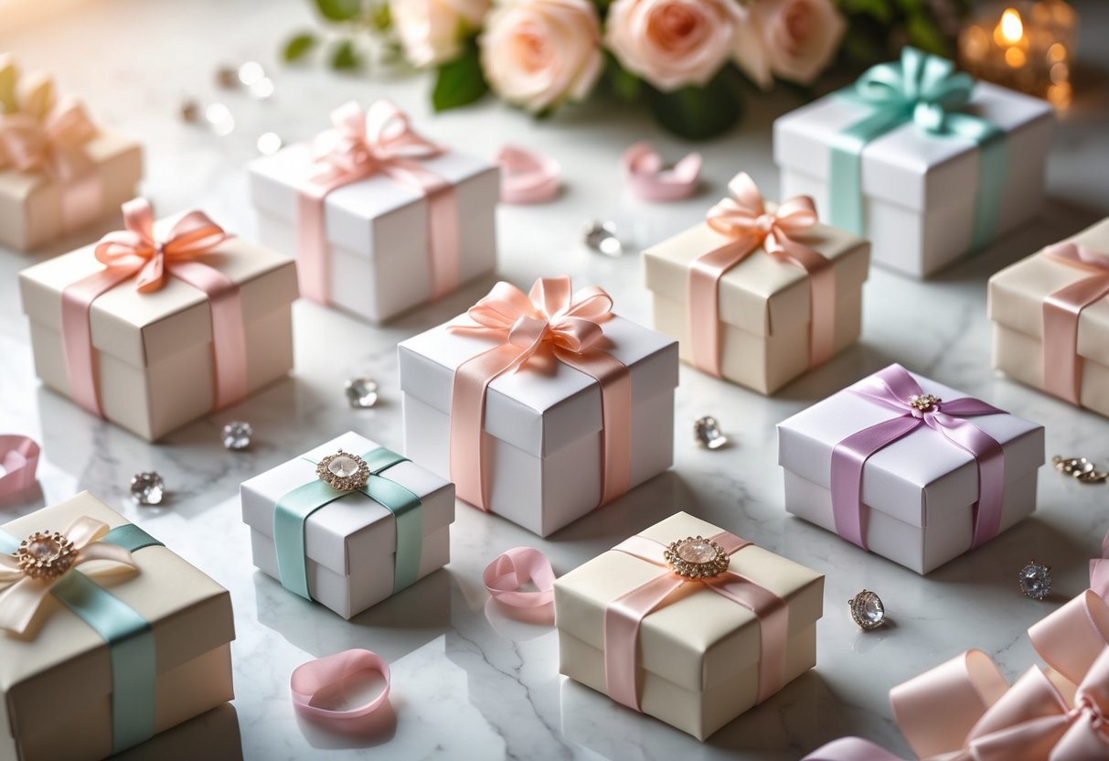 A collection of small, wrapped jewelry gift boxes arranged on a marble surface with rose petals and sparkling gemstones around them.