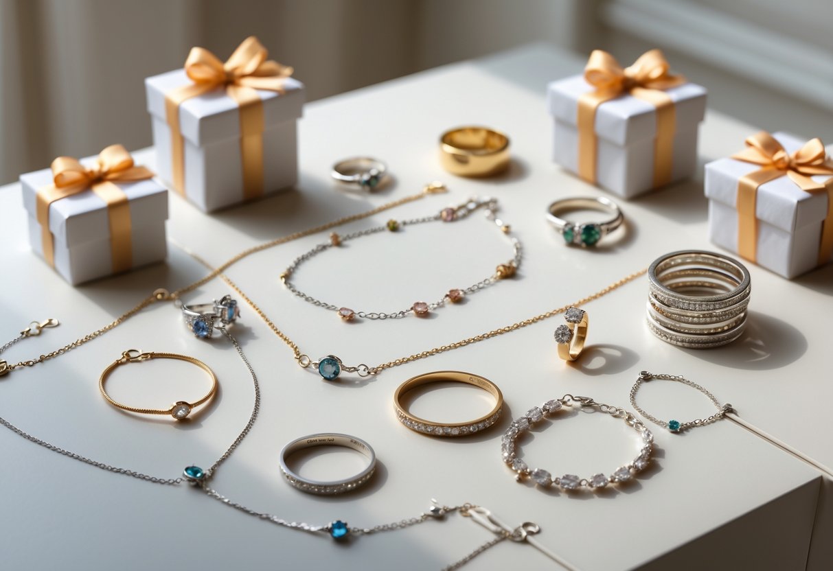 An arrangement of affordable jewelry pieces including necklaces, bracelets, and rings displayed with small gift boxes on a light surface.