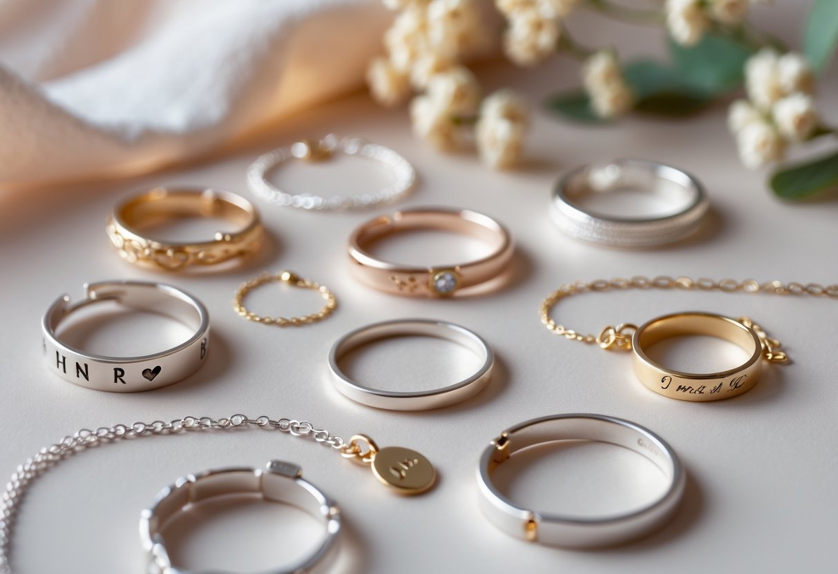 Close-up of various affordable personalized jewelry pieces arranged on a soft background.