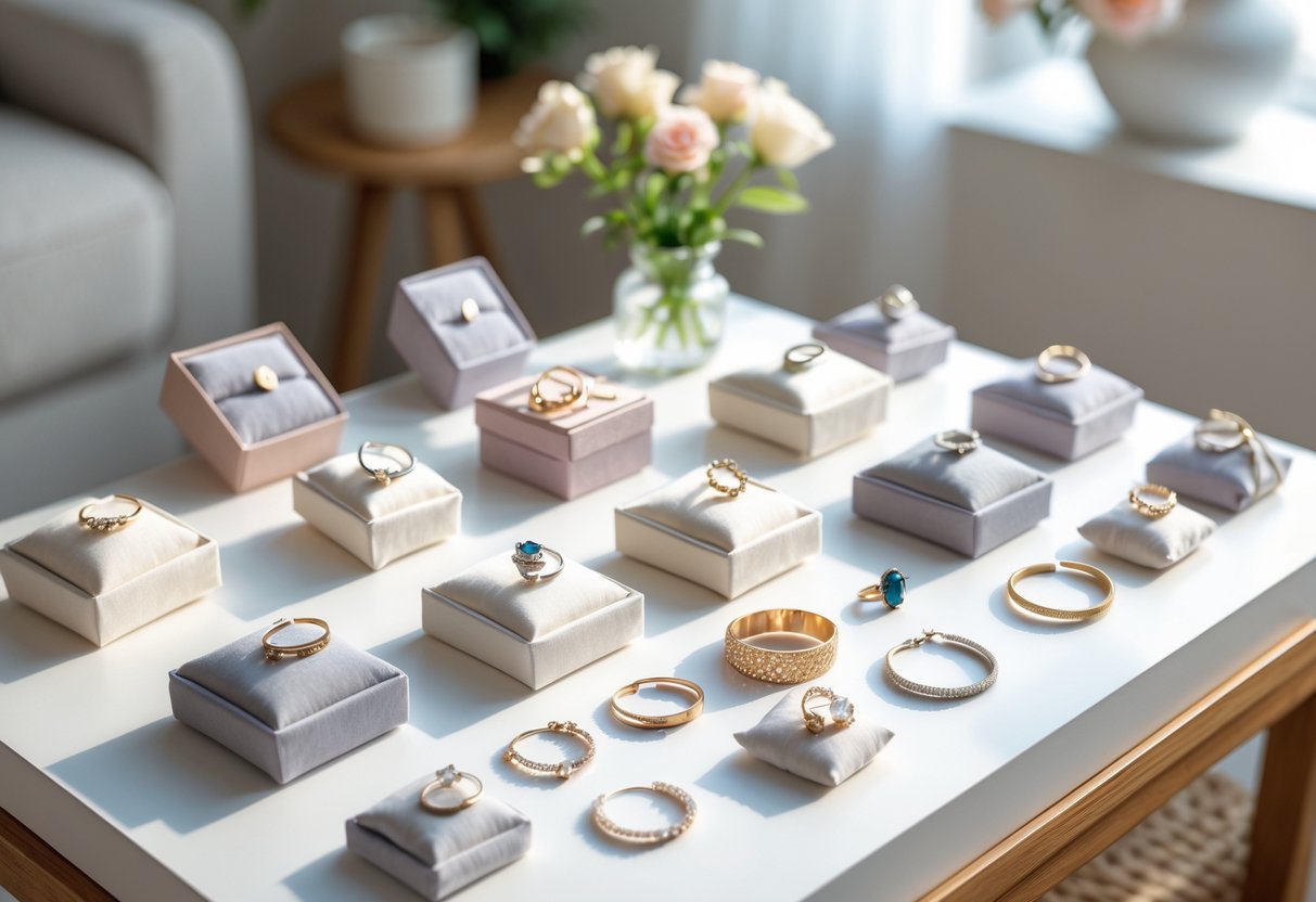 A collection of affordable jewelry pieces arranged on a white surface with gift boxes and soft natural lighting.